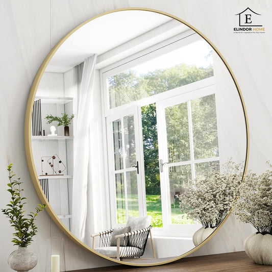 Oglinda Rotunda Aurie Elindor® Decorativa, Moderna si Eleganta, Reflexie HD, Sticla fara Distorsiuni, Ideala pentru Dormitor, Living, Birou, Dressing, Hol, Rama Metalica, Diametru 90 cm