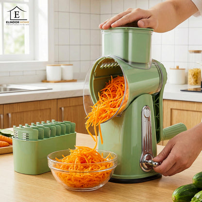 Razatoare Rotativa 5 in 1 Elindor® cu Maner, Lame din Otel Inoxidabil, Tocator Legume, Razatoare Branza, Nuci, Morcovi, Varza, Ustensila de Bucatarie, Design Compact, Multifunctional, Verde