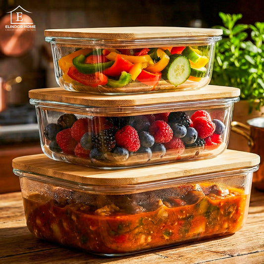 Set de 3 Caserole Elindor® din Sticla, cu Capac din Bambus, Recipiente Ingrediente pentru Bucatarie, pentru Alimente Uscate, Recipient pentru Depozitare Cafea, Zahar, Paste, Cereale, Capac Etans, Potrivit pentru Congelator, Transparent