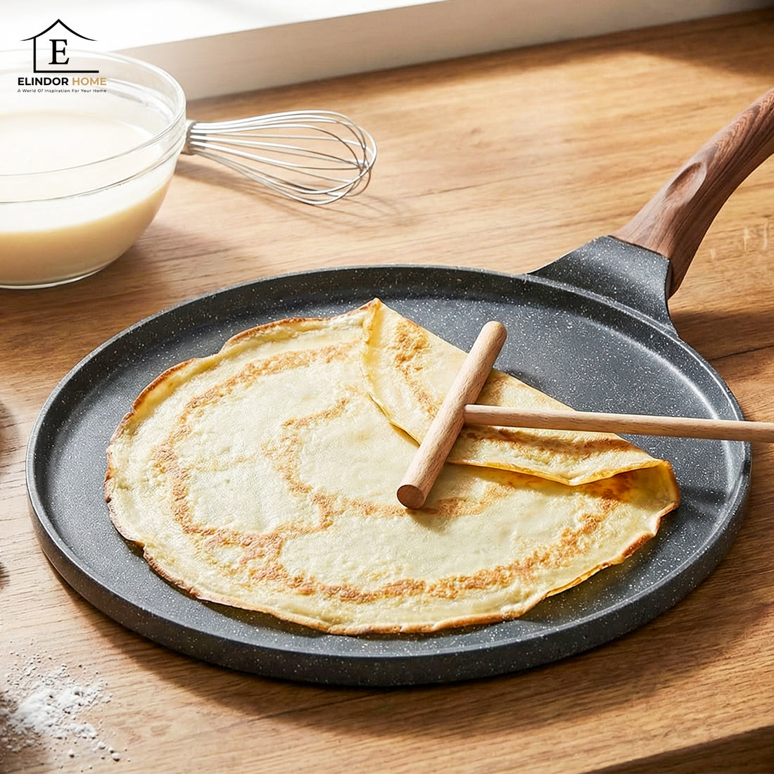 Tigaie de Clatite Elindor®, 26 cm, Invelis Granit Elvetian Antiaderent, Compatibila Inductie, PFOA Free, 26 × 46 × 1.4 cm, Negru