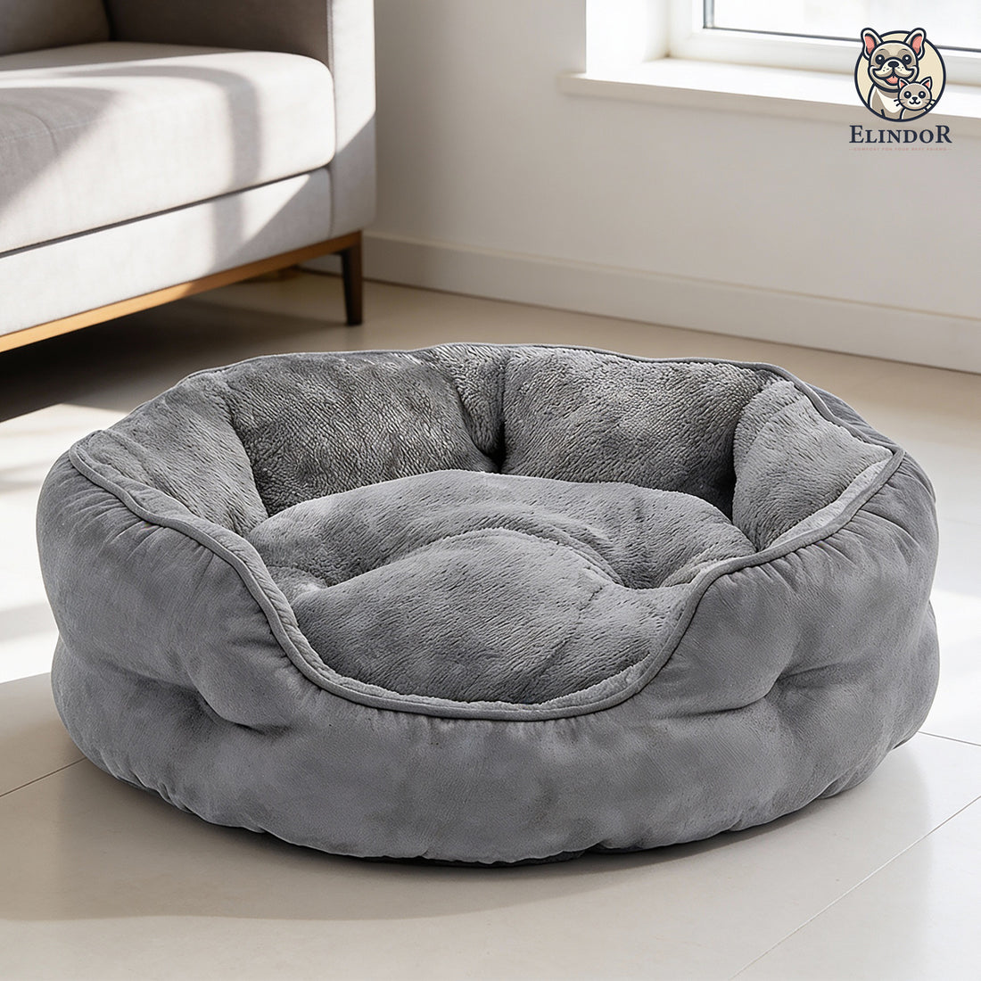 Pat Confortabil pentru Caini si Pisici Elindor® Rotund, Culcus Moale Antiderapant, Potrivit pentru Caine si Pisica de Talie Mica si Medie, Ideal in Orice Anotimp, in Casa, Marimea M, 65x55x20 cm, Gri