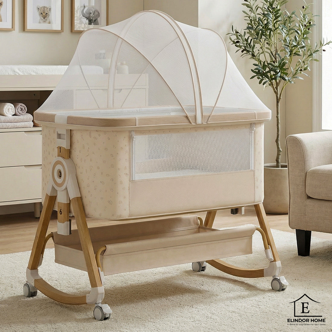 Patut Pliabil Bebelusi Elindor® 4 in 1, Copii 0-12 luni, Leagan Bebe, 6 Trepte de Inaltime Reglabila, Portabil, Plasa Laterala, Roti cu Sistem Blocare, Greutate Maxima 10 kg, Bej