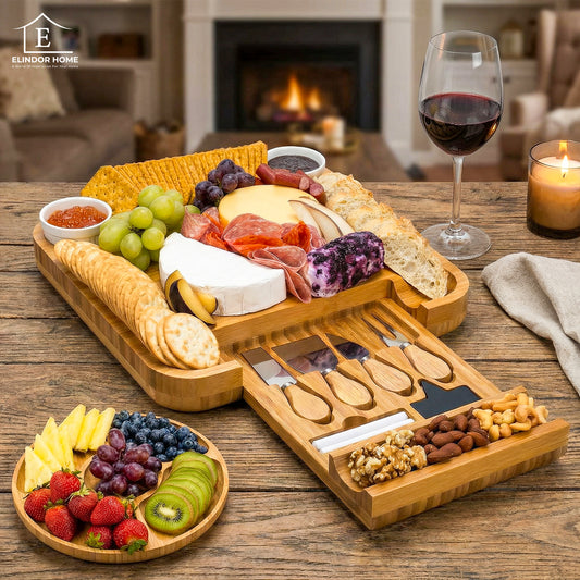 Platou pentru Servire Branzeturi si Aperitive Elindor® din Bambus, Tava Rotunda, Cutite Branzeturi, Boluri Ceramice, Platou de Bucatarie, 36.2 × 36.2 × 45 cm, Bej