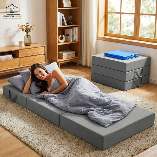 Saltea Pliabila Elindor® din 3  Segmente, Spuma Groasa 15 cm, Husa Lavabila, Portabila, Usor de Depozitat si Transportat, Potrivita pentru Adulti, pentru Dormitor, 195 × 75 × 15 cm, Gri
