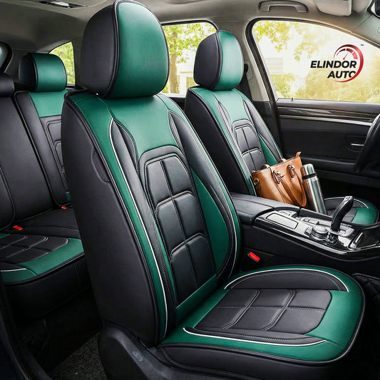Set 5 Huse Scaune Auto Elindor® Universale, Husa pentru Protectie Sezut si Spatar Scaun Fata si Bancheta Spate, Impermeabila, Piele Ecologica, Accesorii Masina Huse Interior, Verde Inchis