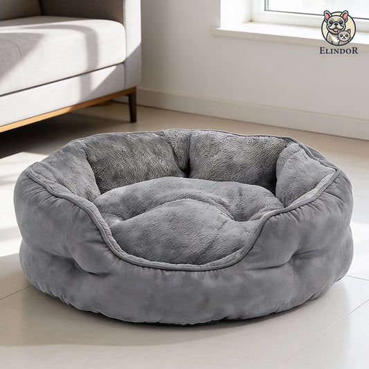 Pat Confortabil pentru Caini si Pisici Elindor® Rotund, Culcus Moale Antiderapant, Potrivit pentru Caine si Pisica de Talie Mica si Medie, Ideal in Orice Anotimp, in Casa, Marimea S, 50x50x16 cm, Gri