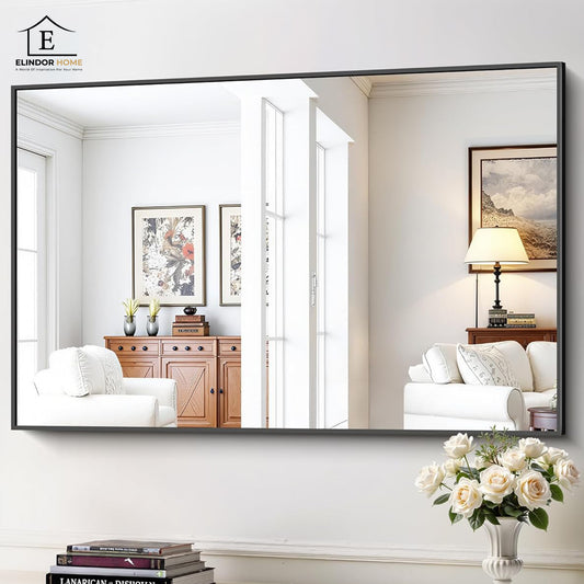 Oglinda Decorativa Elindor® 122 x 75 cm  Rama Neagra, Agatare pe Perete sau Sprijinita, Dreptunghiulara, Moderna si Eleganta, Reflexie HD, Sticla fara Distorsiuni, Ideala pentru Dormitor, Living, Birou, Dressing, Hol, Baie