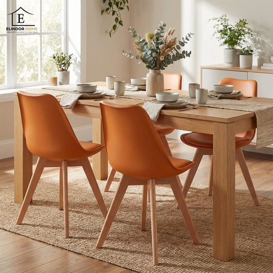 Set 4 Scaune Bucatarie Elindor® din Piele Ecologica, Picioare din Lemn, Scaun Confortabil, Perna Sezut, Elegant, pentru Bucatarie, Dormitor, Living, 50 x 45 x 81 cm, Portocaliu