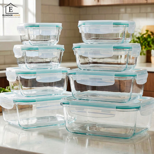 Set de 8 Caserole Elindor® din Sticla, Recipiente Ingrediente pentru Bucatarie, pentru Alimente Uscate, Recipient pentru Depozitare Zahar, Cafea, Paste, Cereale, Capac Etans, Potrivit pentru Congelator Transparent