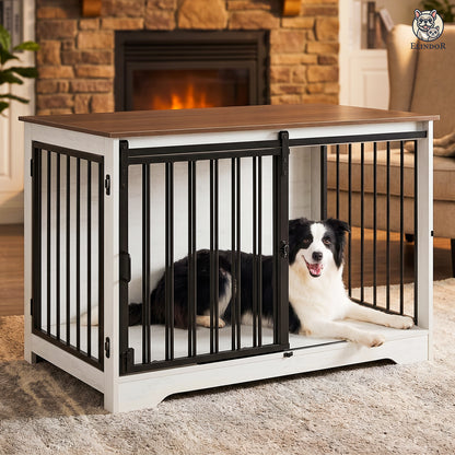 Cusca pentru Animale Elindor® Tip Mobila, Potrivita pentru Caini de Talie Medie, Utilizare in Interior, cu 2 Usi, o Usa Glisanta, Baza Solida, Marime L, 100 x 60 x 68 cm, Alb / Maro