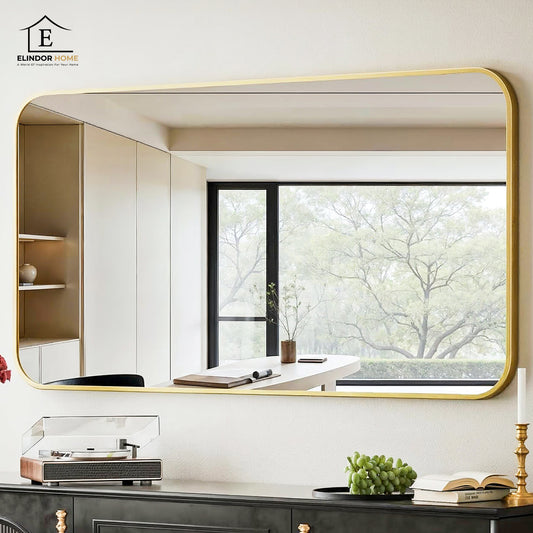 Oglinda Decorativa Rama Aurie 100 × 75 cm  Elindor® Agatare pe Perete sau Sprijinita, Dreptunghiulara, Colturi Rotunjite, Moderna si Eleganta, Reflexie HD, Sticla fara Distorsiuni, Ideala pentru Dormitor, Living, Birou, Dressing, Hol, Baie