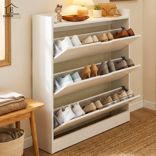 Organizator pentru Pantofi Elindor® Pantofar tip Dulap cu 3 Nivele Mari, Fara Gauri, Suport pentru Papuci, Dulap Hol, Living, Dormitor, Economisire Spatiu, Depozitare Incaltaminte, 80 x 17 x 120 cm, Alb