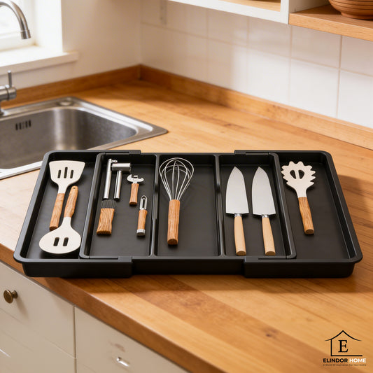 Organizator Elindor® pentru Tacamuri si Ustensile de Bucatarie, 5 Compartimente, Sertar Extensibil, Suport Ajustabil pentru Cutite, Linguri, Furculite, Accesorii Bucatarie, Separator Sertar, 57 × 38 × 5 cm, Negru