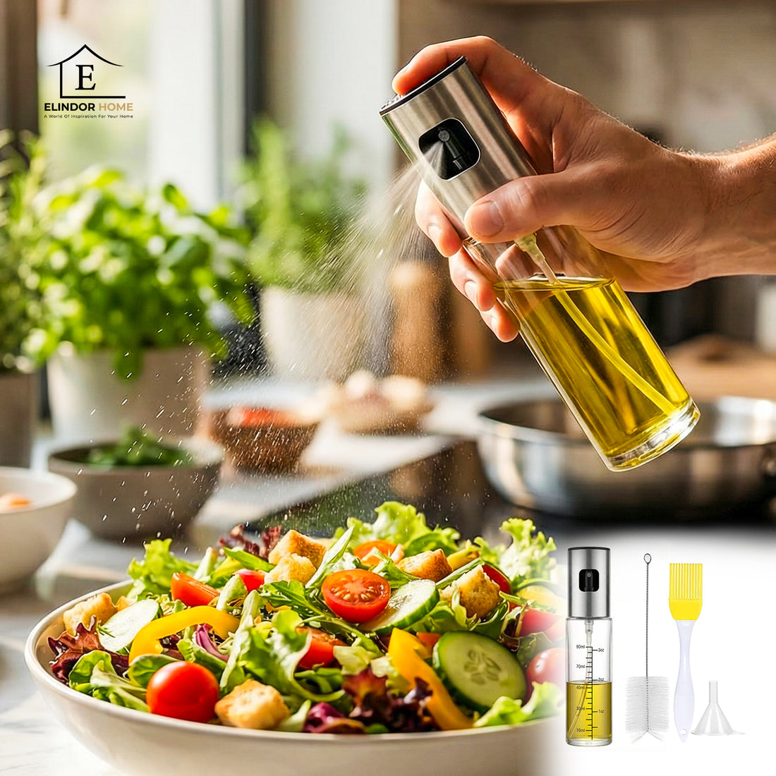 Pulverizator Ulei Elindor®, Oliviera 100ml, Sticla Dozatoare Multifunctionala, Control Precis, pentru Gatit, Friteuza cu Aer, Salate  Material Sticla si PVC, Argintiu