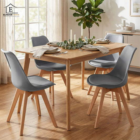 Set 4 Scaune Bucatarie Gri Elindor® din Piele Ecologica, Picioare din Lemn, Scaun Confortabil, Perna Sezut, Elegant, pentru Bucatarie, Dormitor, Living, 50 x 45 x 81 cm
