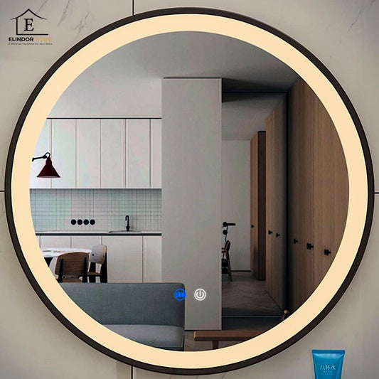 Oglinda de Perete Elindor® Rotunda, Antiaburire, cu Rama, Ideala pentru Baie, Iluminare Led Reglabila, Dimabila, Touch, Buton ON/OFF Luminat si Noaptea, Rezistenta la Umiditate IP44, 60 x 60 cm, Negru