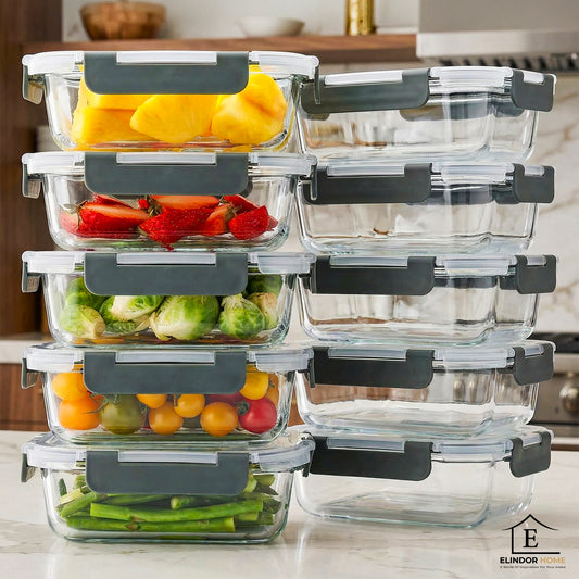 Set de 10 Caserole Elindor® din Sticla, Recipiente Ingrediente pentru Bucatarie, pentru Alimente Uscate, Recipient pentru Depozitare Zahar, Cafea, Paste, Cereale, Capac Etans