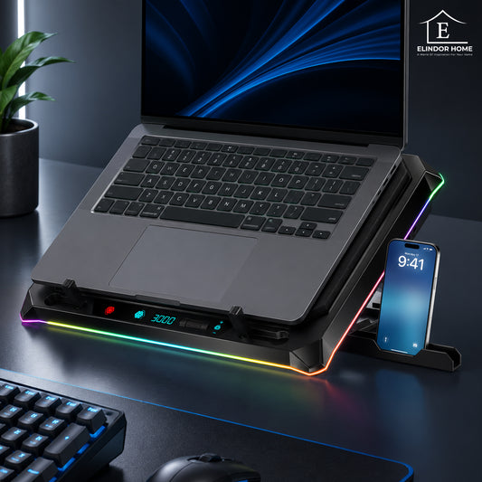 Cooler Laptop Gaming Elindor® cu Turbo Fan 14 cm, Iluminare RGB 10 Moduri, Control LCD, Inaltime Ajustabila in 5 Nivele, Suport Telefon Stanga/Dreapta, Viteza Reglabila 3800 RPM, 42 x 32 x 5.5 cm, Negru
