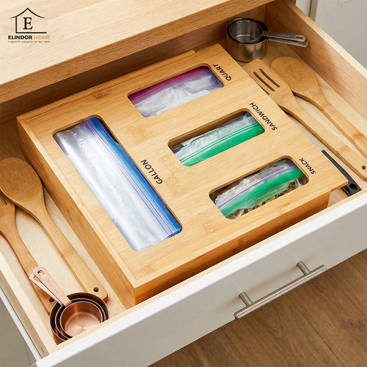 Organizator Depozitare Pungi Alimentare Elindor® 4 Compartimente, Organizatoare pentru Sertar, Dulap, Cutie Organizare, Cos Multifunctional, Separator Potrivit pentru Bucatarie, Camara, 31.7 x 30.5 x 7.6 cm, Bej