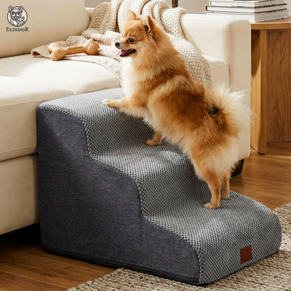 Scari Animale Elindor®, 3 Trepte pentru Caini si Pisici cu Spatiu Depozitare, Trepte Antiderapante pentru Pat sau Canapea, Structura din Placa de Inalta Densitate si Material Textil, pentru Dormitor, Living, 40 × 57 × 35 cm, Gri