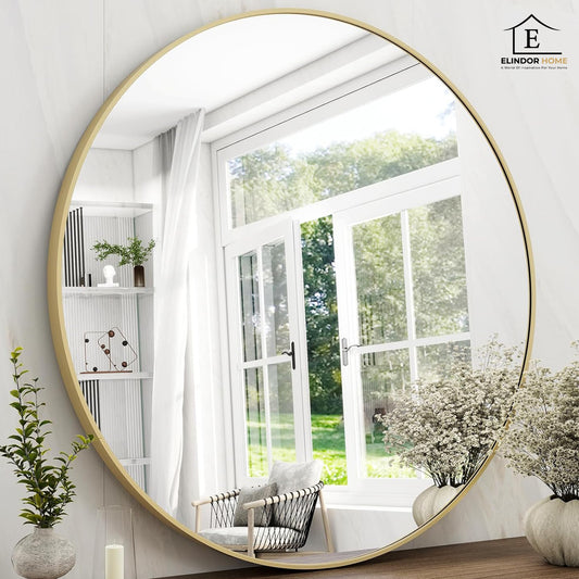 Oglinda Rotunda Aurie Elindor® Decorativa, Moderna si Eleganta, Reflexie HD, Sticla fara Distorsiuni, Ideala pentru Dormitor, Living, Birou, Dressing, Hol, Rama Metalica, Diametru 105 cm
