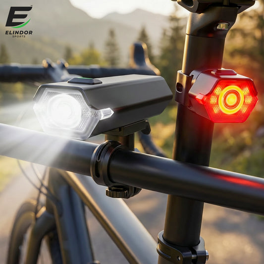 Set Lumini pentru Bicicleta Elindor®, Far Fata si Stop Spate LED, 10 Moduri de Iluminare, Incarcare USB-C, Impermeabil IP65, Rotire 360°, Faruri cu Acumulator Reincarcabil, Accesorii Bicicleta, 350 Lumeni, Negru