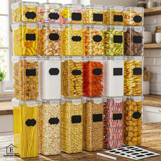 Set de 24 Recipiente Elindor® Mari si Mici, cu Capac Etans, Caserole Ingrediente pentru Bucatarie, pentru Alimente Uscate, Recipient pentru Depozitare Cafea, Zahar, Paste, Cereale, Capac Etans, fara BPA, Transparent