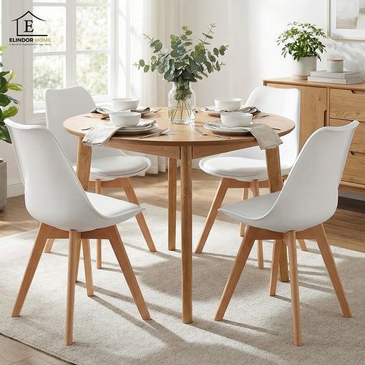 Set 4 Scaune Bucatarie Albe Elindor® din Piele Ecologica, Picioare din Lemn, Scaun Confortabil, Perna Sezut, Elegant, pentru Bucatarie, Dormitor, Living, 50 x 45 x 81 cm