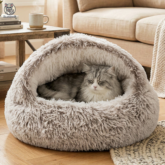 Pat Confortabil pentru Caini si Pisici Elindor® Rotund, Culcus Moale Antiderapant, Potrivit pentru Caine si Pisica de Talie Mica si Medie, Ideal in Orice Anotimp, in Casa, 60 × 60 × 16 cm, Alb / Bej