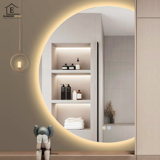 Oglinda de Perete Elindor® Asimetrica Semiluna, fara Rama, Decorativa, Eleganta, Ideala pentru Baie, Birou, Hol, Living, Dressing, Iluminare Led, Intensitate Ajustabila, Antiaburire, 3 Temperaturi de Culoare, 100 x 70 cm