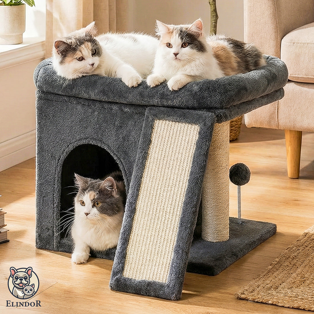 Ansamblu de Joaca Elindor® pentru Pisici, Post pentru Zgariat din Sisal, Stalp pentru Ascutit Gheare, Baza Solida, Pat Moale pentru Dormit, Accesorii Animale de Companie, Montare Usoare, Gri
