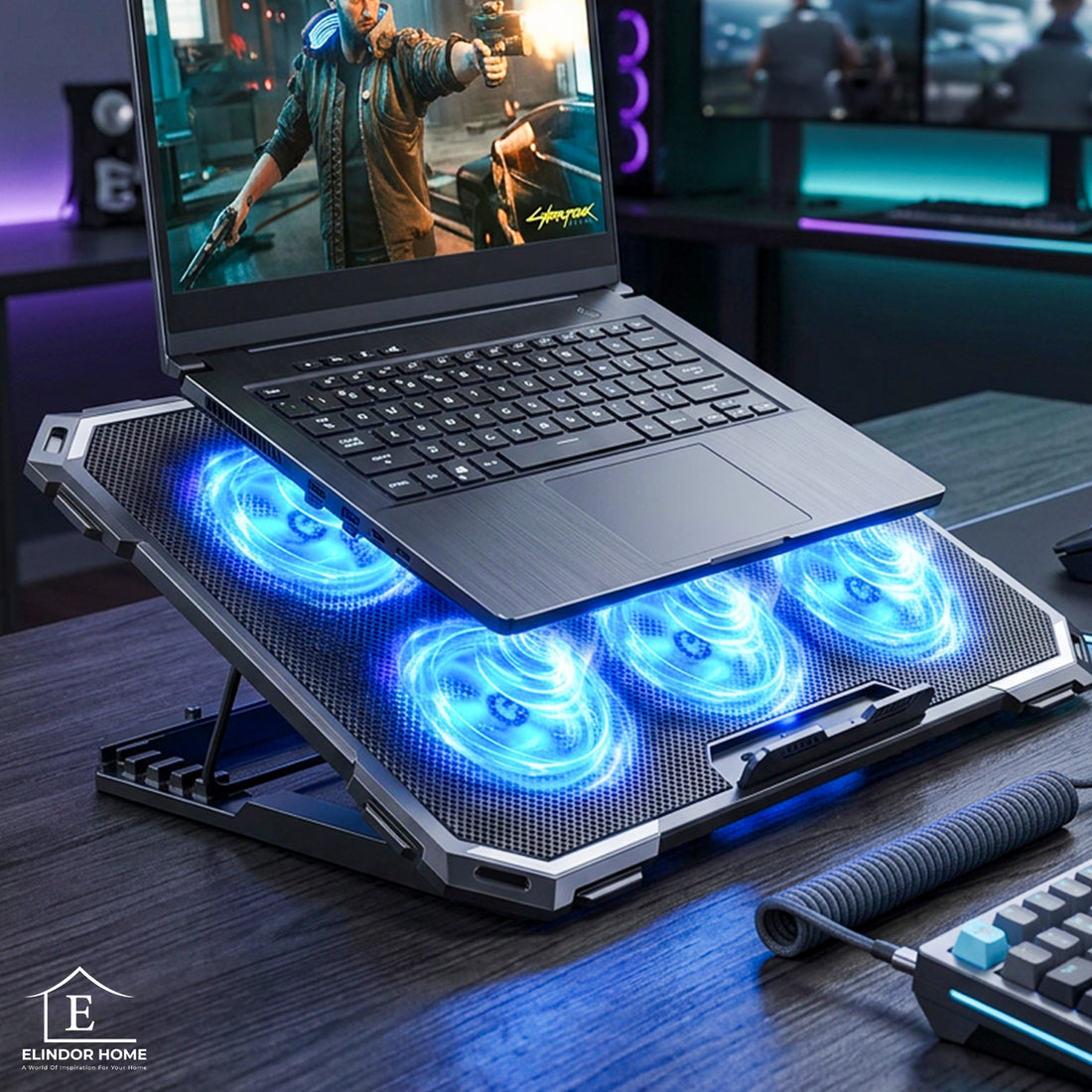 Cooler Laptop Gaming RGB Elindor® Suport cu Unghi Reglabil pe 6 Nivele, Dimensiuni Compatabile 13-15.6 Inch, 6 Ventilatoare Puternice si Silentioase 25dB, Viteza Ajustabila, 2 Porturi USB, pentru Birou, Calatorii, 41.6 x 28.5 x 2.8 cm, Negru