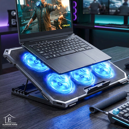 Cooler Laptop Gaming RGB Elindor® Suport cu Unghi Reglabil pe 6 Nivele, Dimensiuni Compatabile 13-15.6 Inch, 6 Ventilatoare Puternice si Silentioase 25dB, Viteza Ajustabila, 2 Porturi USB, pentru Birou, Calatorii, 41.6 x 28.5 x 2.8 cm, Negru