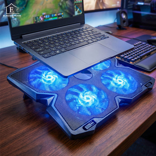 Cooler Laptop Gaming RGB Elindor® Suport cu Unghi Reglabil pe 2 Nivele, Viteza Ajustabila, Dimensiuni Compatabile 11-19 Inch, 4 Ventilatoare Puternice si Silentioase, 2 Porturi USB, Suport Telefon, pentru Birou, Calatorii, 40.5 × 28.5 × 3.1 cm, Albastru