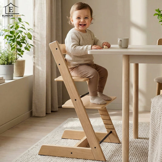 Scaun de Masa pentru Bebelusi Elindor® Inalt din Lemn, 2 in 1, 3 Pozitii de Inaltime, pentru Copii 6–36 Luni, cu Sezut si Suport pentru Picioare Reglabile, Greutate Maxima Sustinuta 136 kg, 82.6 × 46 × 48 cm, Maro