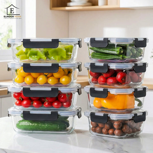 Set de 8 Caserole Elindor® din Sticla, Recipiente Ingrediente pentru Bucatarie, pentru Alimente Uscate, Recipient pentru Depozitare Zahar, Cafea, Paste, Cereale, Capac Etans, Potrivit pentru Congelator, 20.5 × 15.5 × 7 cm