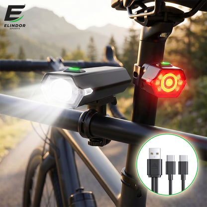 Set Lumini pentru Bicicleta Elindor®, Far Fata si Stop Spate LED, 9 Moduri de Iluminare, Incarcare USB-C, Impermeabil IP65, Faruri cu Acumulator Reincarcabil, Accesorii Bicicleta, Montare Rapida, Negru