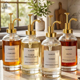 Set 4 Dispensere Sirop Cafea Elindor® din Sticla cu Pompa Aurie Inox si Plastic, Organizator Bucatarie, Organizatoare Sertar, Recipient 500 ml, 22 × 8.1 cm, Transparent