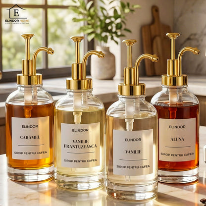 Set 4 Dispensere Sirop Cafea Elindor® din Sticla cu Pompa Aurie Inox si Plastic, Organizator Bucatarie, Organizatoare Sertar, Recipient 500 ml, 22 × 8.1 cm, Transparent