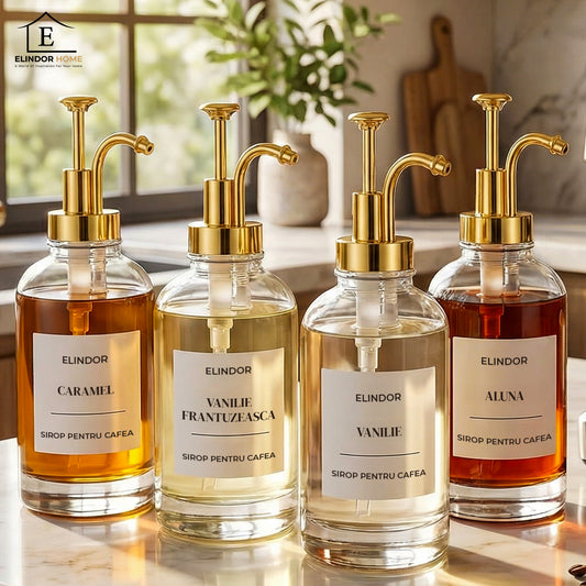Set 4 Dispensere Sirop Cafea Elindor® din Sticla cu Pompa Aurie Inox si Plastic, Organizator Bucatarie, Organizatoare Sertar, Recipient 500 ml, 22 × 8.1 cm, Transparent