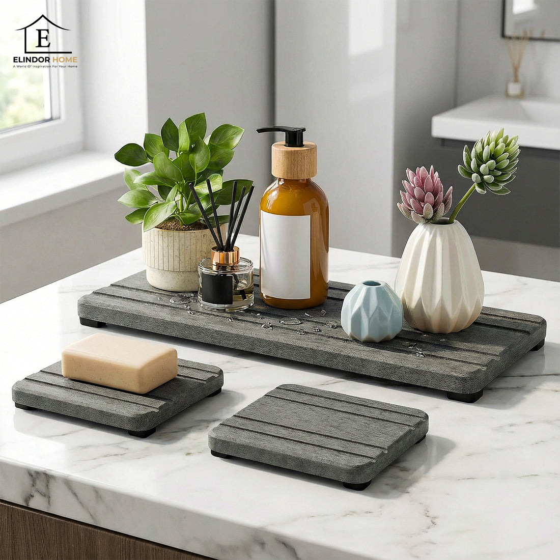 Set Tavi Absorbante Elindor® din Piatra, Diatomit, Uscare Rapida, Anti-Alunecare, pentru Chiuveta si Blat, Design Striat, 3 Piese, 21 x 10 cm si 10 x 10 cm, Gri Inchis