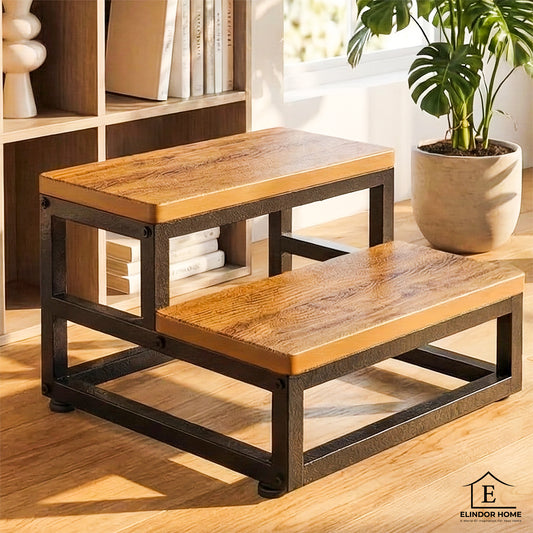 Taburet Fix Elindor®, Platforma Antiderapanta, 2 Nivele, din Otel Carbon si lemn, Suprafata si Baza Antiderapanta, 38 × 35.5 × 38 cm, Maro