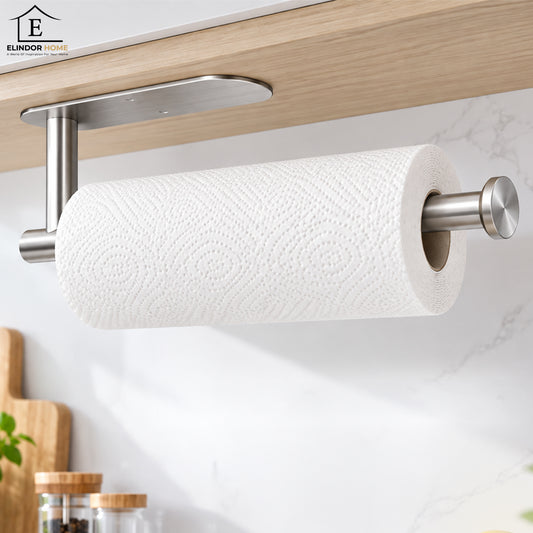 Suport Rola de Hartie Elindor® pentru Bucatarie, cu Montaj Autoadeziv sau prin Gaurire, pe Mobila sau Perete, Rezistenta la Apa, Ideal pentru Sevetele, Folie Alimentara, Prosop, Ustensile, Organizator Multifunctional, Otel Inoxidabil, 33.5 cm, Argintiu