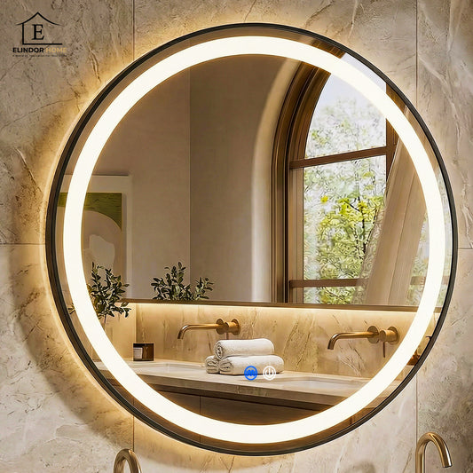 Oglinda de Perete Elindor® Rotunda, Antiaburire, cu Rama Neagra, Ideala pentru Baie, Iluminare Led, 3 Culori Lumina, Dimabila, Buton ON/OFF Luminat si Noaptea, Rezistenta la Umiditate IP44, 60 x 60 cm