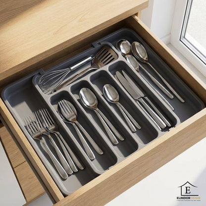 Organizator Elindor® pentru Tacamuri si Ustensile de Bucatarie, 5-7 Compartimente, Sertar Extensibil, Suport Ajustabil pentru Cutite, Linguri, Furculite, Accesorii Bucatarie, Separator Sertar, 31 × 22 × 4 cm, Gri