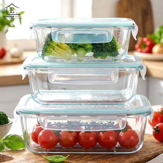 Set de 3 Caserole Elindor® din Sticla, Recipiente Ingrediente pentru Bucatarie, pentru Alimente Uscate, Recipient pentru Depozitare Zahar, Cafea, Paste, Cereale, Capac Etans, Potrivit pentru Congelator, 370 ml + 640 ml + 1040 ml, Transparent