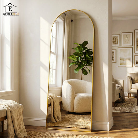 Oglinda de Podea Aurie Elindor®, 165 x 60 cm, cu Suport, cu Rama Tip Arcada din Aluminiu, Montare pe Perete sau Agatare, Oglinda Corp Intreg Pentru Dormitor, Living, Birou sau Dulap, Usoara, Multifuntionala, Reglabila