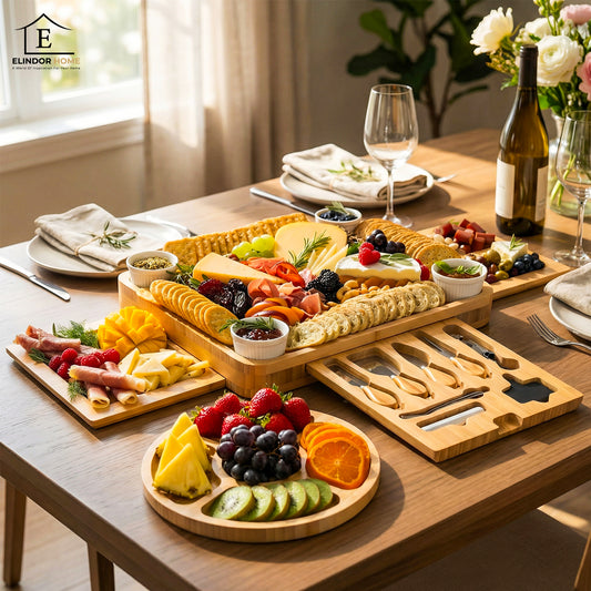 Platou pentru Servire Branzeturi si Aperitive Elindor® din Bambus, Tava Rotunda, Cutite Branzeturi, Boluri Ceramice, Platou de Bucatarie, 40.5 × 30.5 × 5 cm, Bej