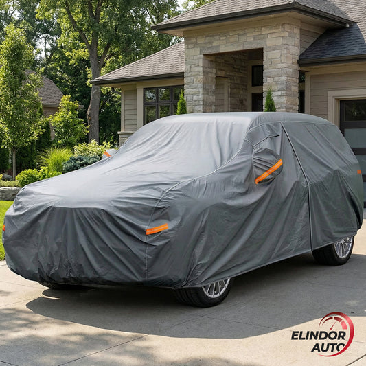 Prelata Auto Premium Elindor® Impermeabila, Protectie UV, Antisoare, Praf, Ploaie si Zapada, Toate Anotimpurile, Heavu Duty, Husa Exterior, Huse Protectie Completa, Universala, Accesorii Masina, Marime SUV L, 475 × 193 × 143 cm, Gri Inchis