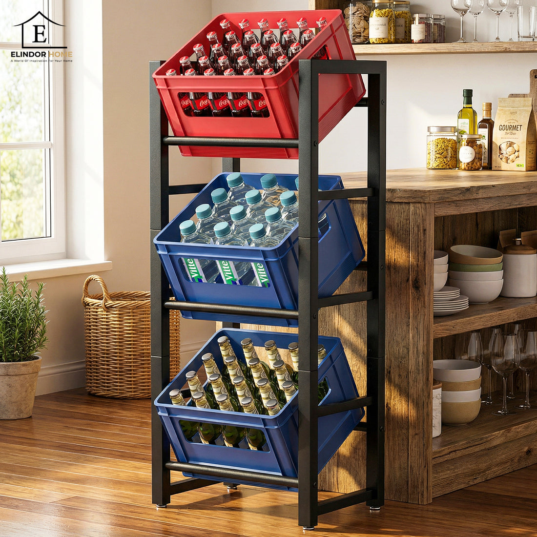 Suport Navete Bauturi Elindor®, 3 Niveluri, Cadru Metalic Rezistent, greutate Maxima Suportata 150 kg, Picioare reglabile, 47.5 × 31.5 × 115.5 cm, Negru